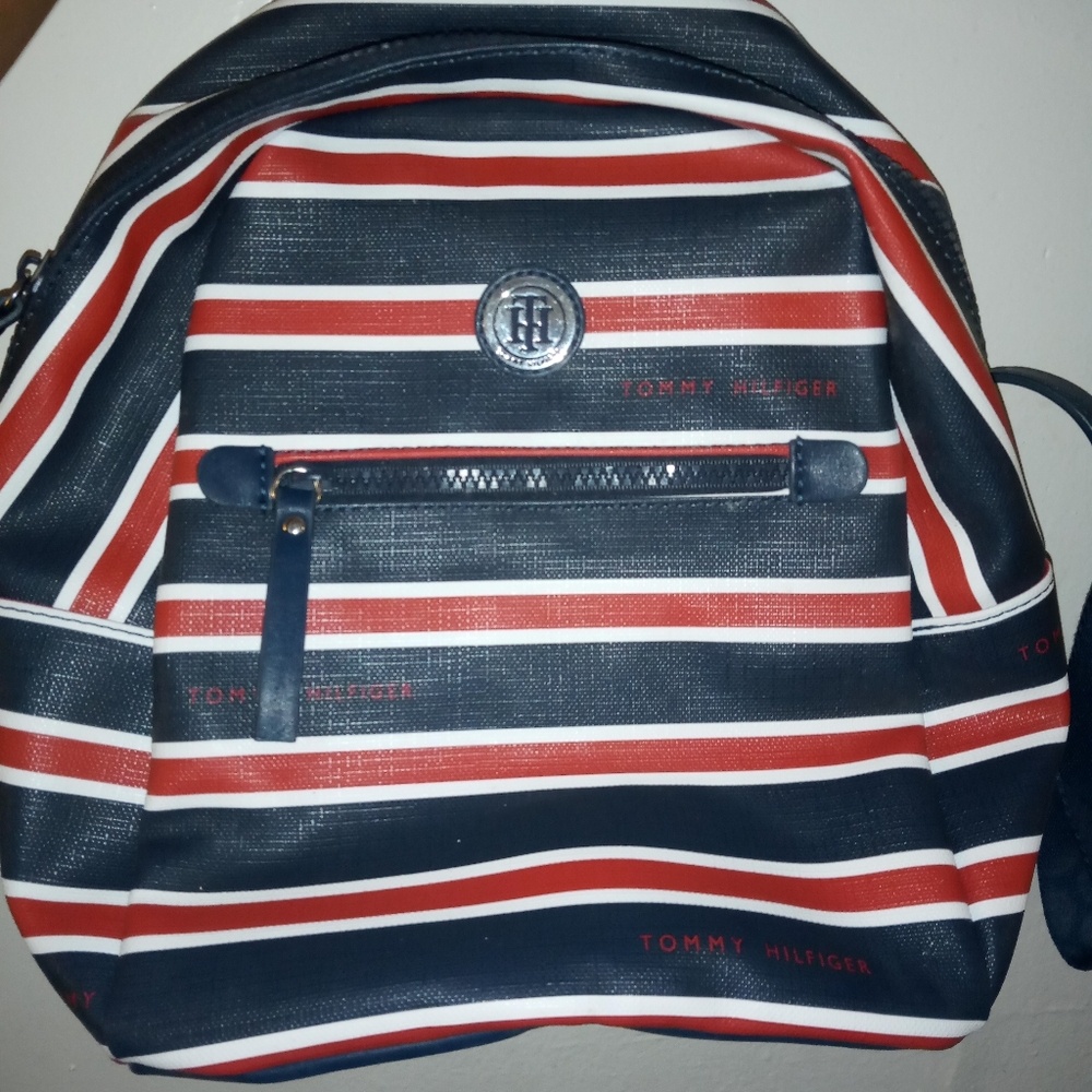 Tommy Hilfiger: Navy blue, red white stripe mini travel backpack bag